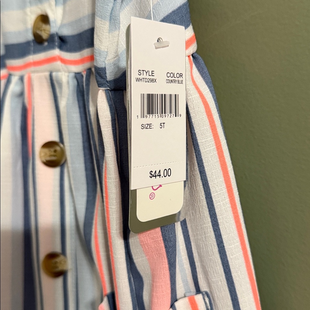 Striped Kids Dress with Buttons - 5T - Picture 2 of 3